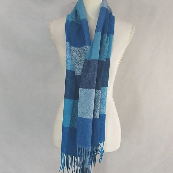 Blue Checkers Paisley Fringe Hem Soft Scarf Wrap Made in Germany D4 - Picture 2 of 6